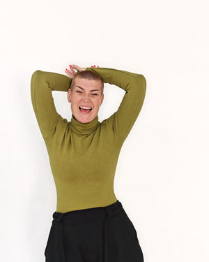 Turtle Neck Long Sleeve Full Length Top with Hole in Guacomole - Manners London