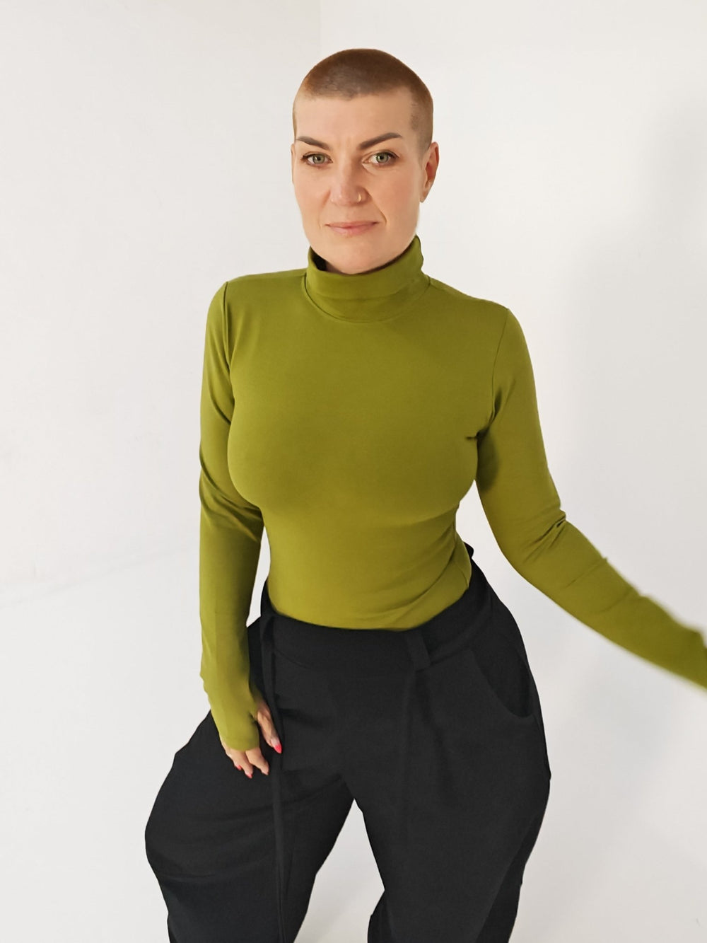 Turtle Neck Long Sleeve Full Length Top with Hole in Guacomole - Manners London