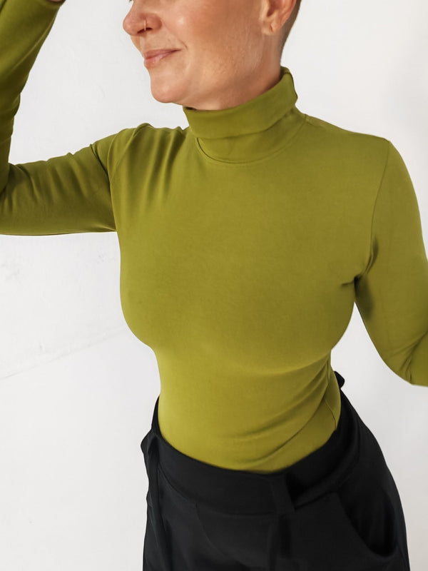 Turtle Neck Long Sleeve Full Length Top with Hole in Guacomole - Manners London