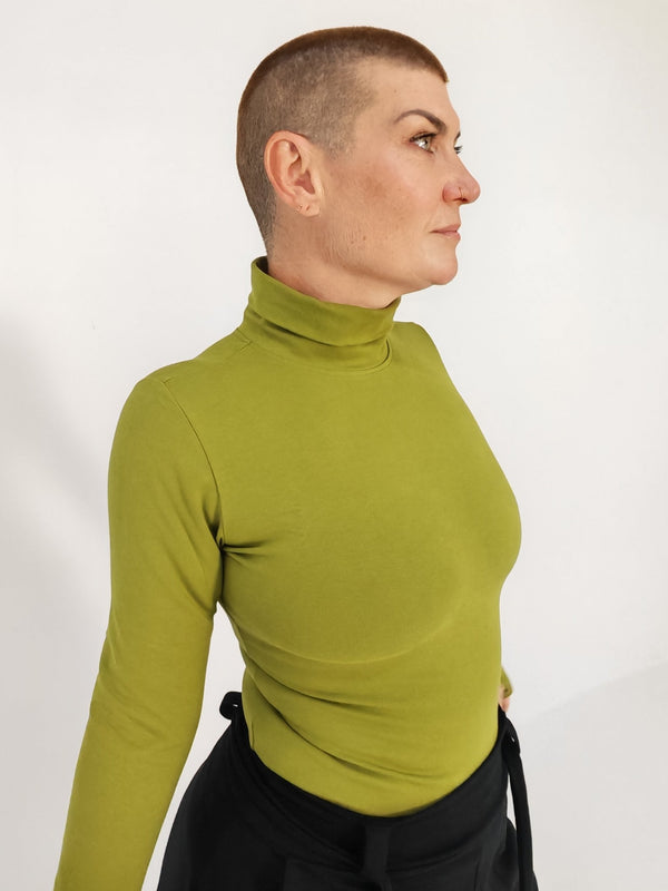 Turtle Neck Long Sleeve Full Length Top with Hole in Guacomole - Manners London