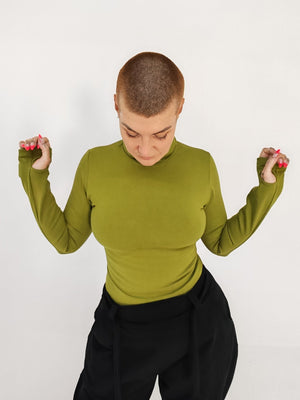 Turtle Neck Long Sleeve Full Length Top with Hole in Guacomole - Manners London