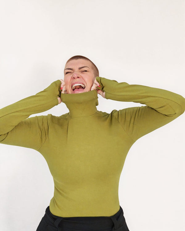 Turtle Neck Long Sleeve Full Length Top with Hole in Guacomole - Manners London