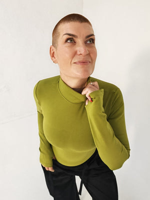 Turtle Neck Long Sleeve Full Length Top with Hole in Guacomole - Manners London