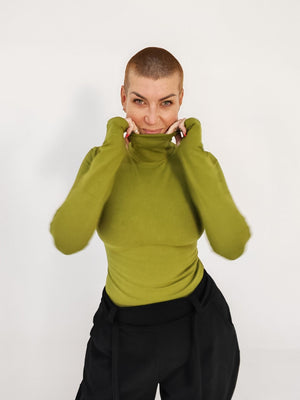 Turtle Neck Long Sleeve Full Length Top with Hole in Guacomole - Manners London