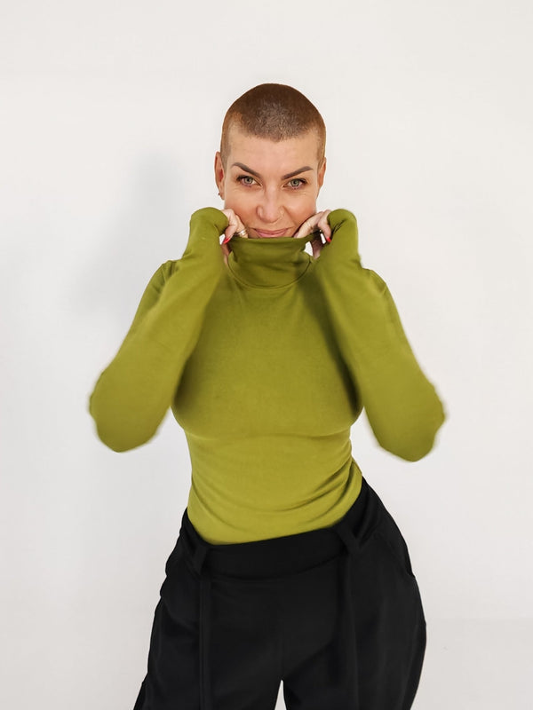 Turtle Neck Long Sleeve Full Length Top with Hole in Guacomole - Manners London