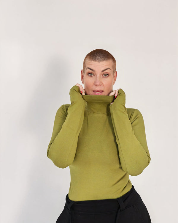 Turtle Neck Long Sleeve Full Length Top with Hole in Guacomole - Manners London