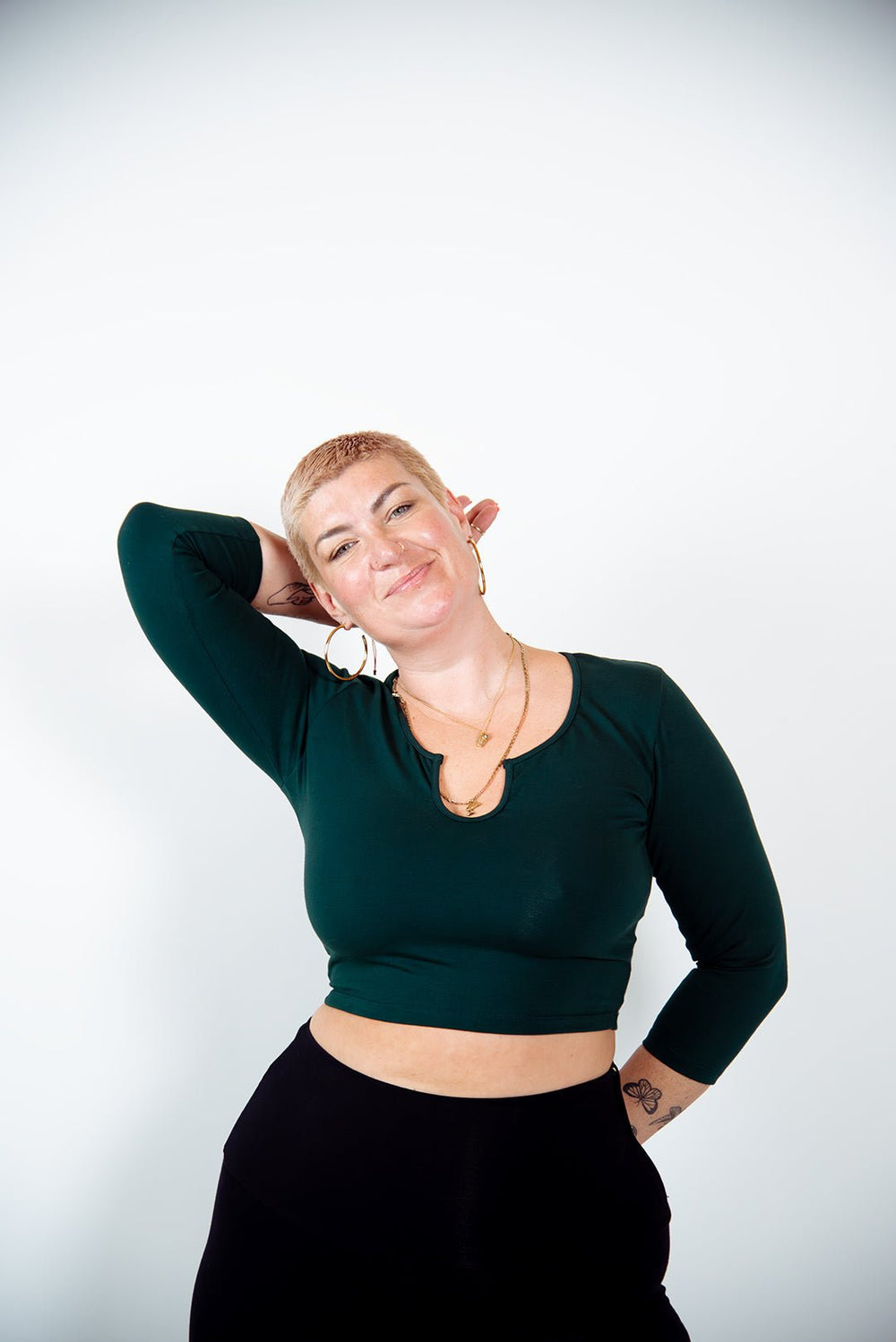 U Front Crop Top 3/4 sleeves in Forest Green - Manners London