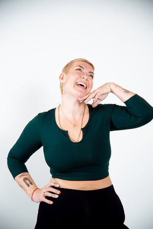 U Front Crop Top 3/4 sleeves in Forest Green - Manners London