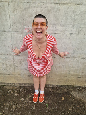 U Front Crop Top (7/8 sleeves) In Tomato Red on Bubblegum Pink!  - Manners London