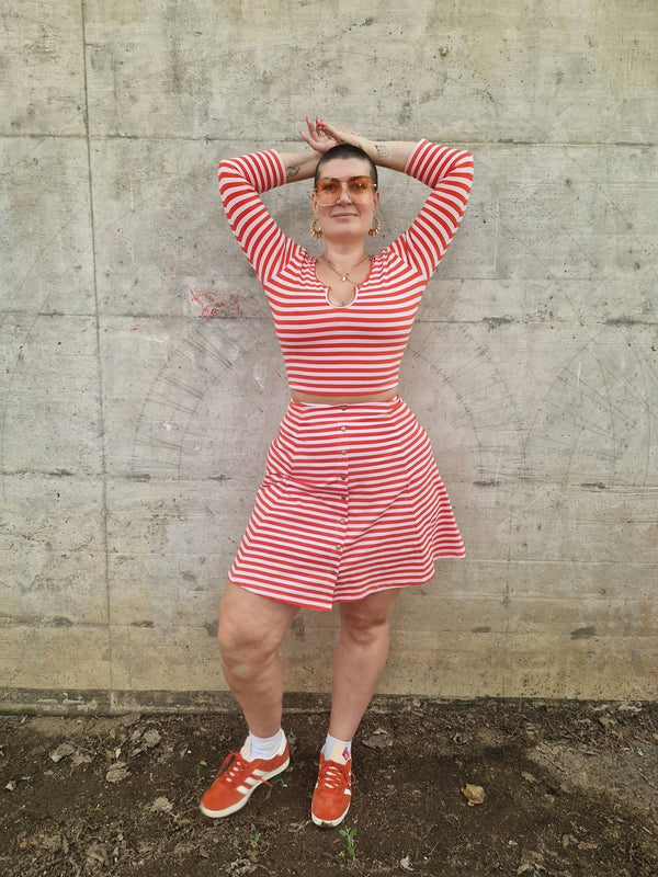 U Front Crop Top (7/8 sleeves) In Tomato Red on Bubblegum Pink!  - Manners London