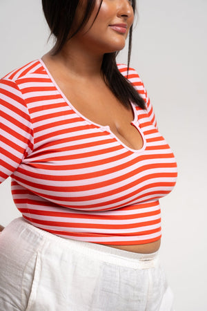 U Front Crop Top (7/8 sleeves) In Tomato Red on Bubblegum Pink!  - Manners London