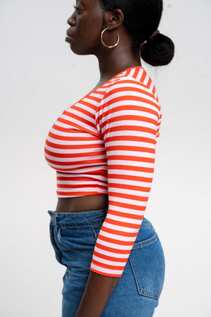 U Front Crop Top (7/8 sleeves) In Tomato Red on Bubblegum Pink!  - Manners London