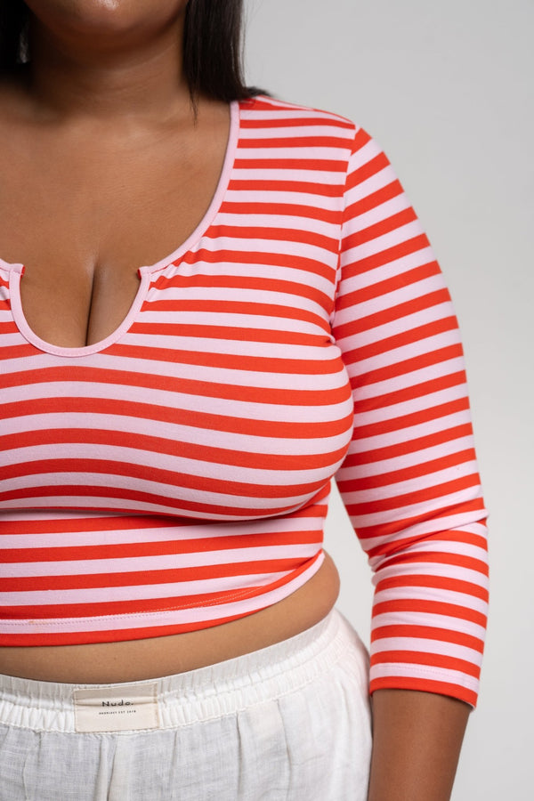 U Front Crop Top (7/8 sleeves) In Tomato Red on Bubblegum Pink!  - Manners London
