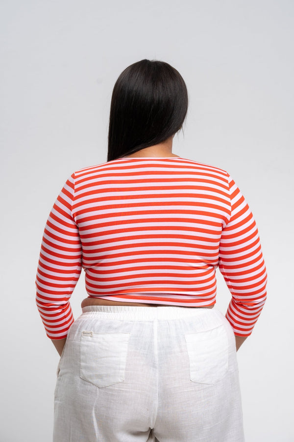 U Front Crop Top (7/8 sleeves) In Tomato Red on Bubblegum Pink!  - Manners London