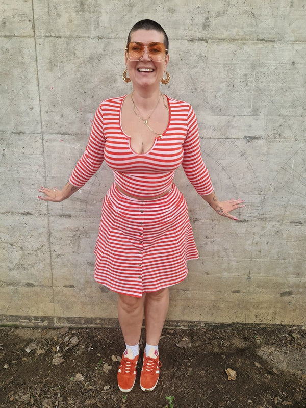 U Front Crop Top (7/8 sleeves) In Tomato Red on Bubblegum Pink!  - Manners London