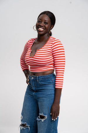 U Front Crop Top (7/8 sleeves) In Tomato Red on Bubblegum Pink!  - Manners London