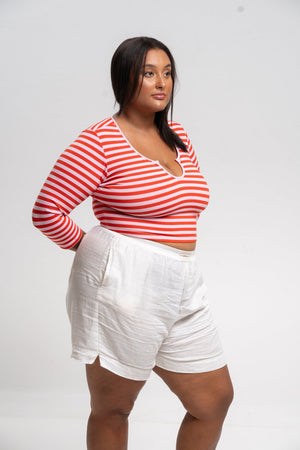 U Front Crop Top (7/8 sleeves) In Tomato Red on Bubblegum Pink!  - Manners London