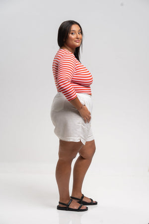 U Front Crop Top (7/8 sleeves) In Tomato Red on Bubblegum Pink!  - Manners London