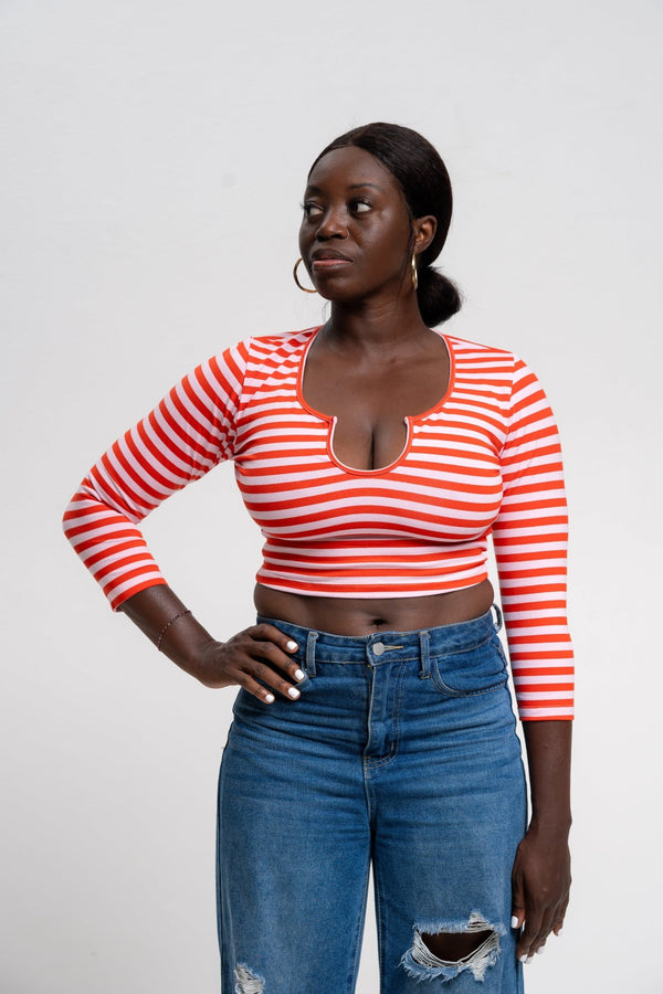 U Front Crop Top (7/8 sleeves) In Tomato Red on Bubblegum Pink!  - Manners London