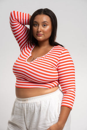 U Front Crop Top (7/8 sleeves) In Tomato Red on Bubblegum Pink!  - Manners London