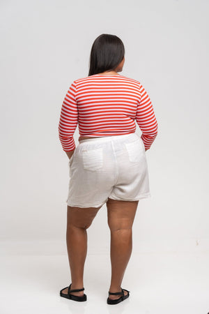 U Front Crop Top (7/8 sleeves) In Tomato Red on Bubblegum Pink!  - Manners London