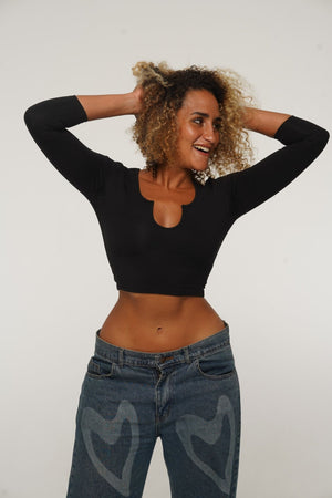 U Front Crop Top with sleeves in Black - Manners London