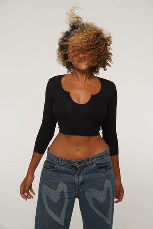 U Front Crop Top with sleeves in Black - Manners London