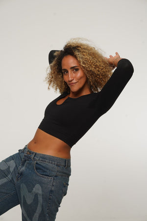 U Front Crop Top with sleeves in Black - Manners London