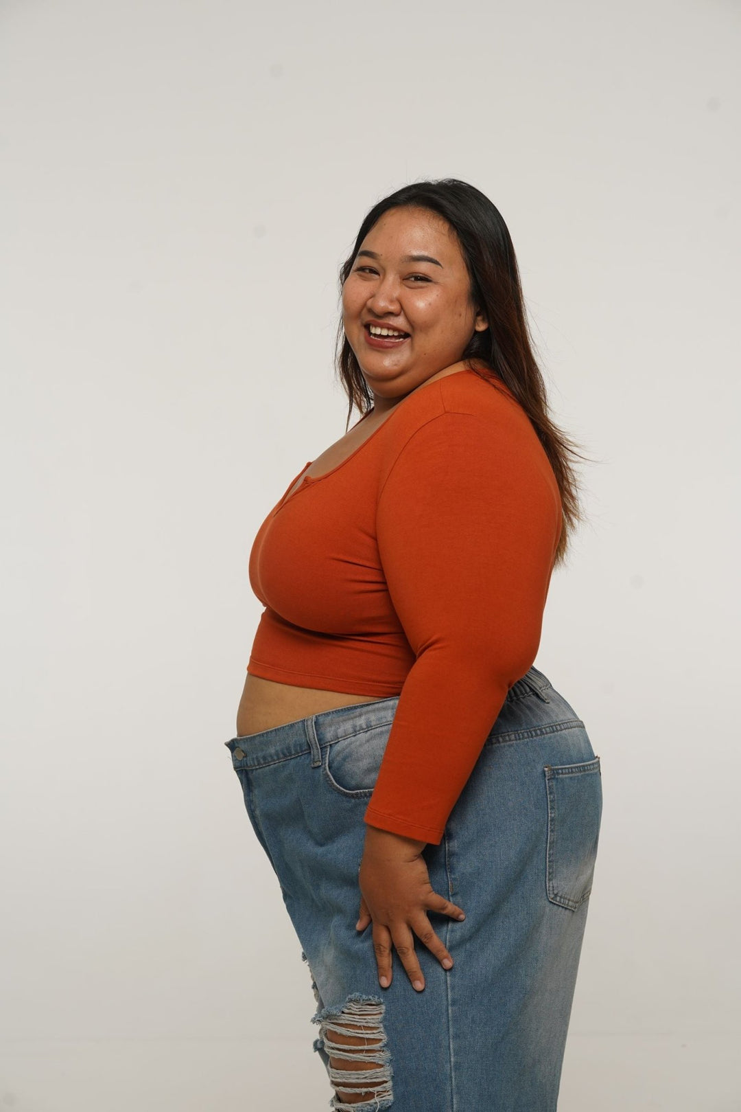 U Front Crop Top with sleeves in Burnt Orange - Manners London