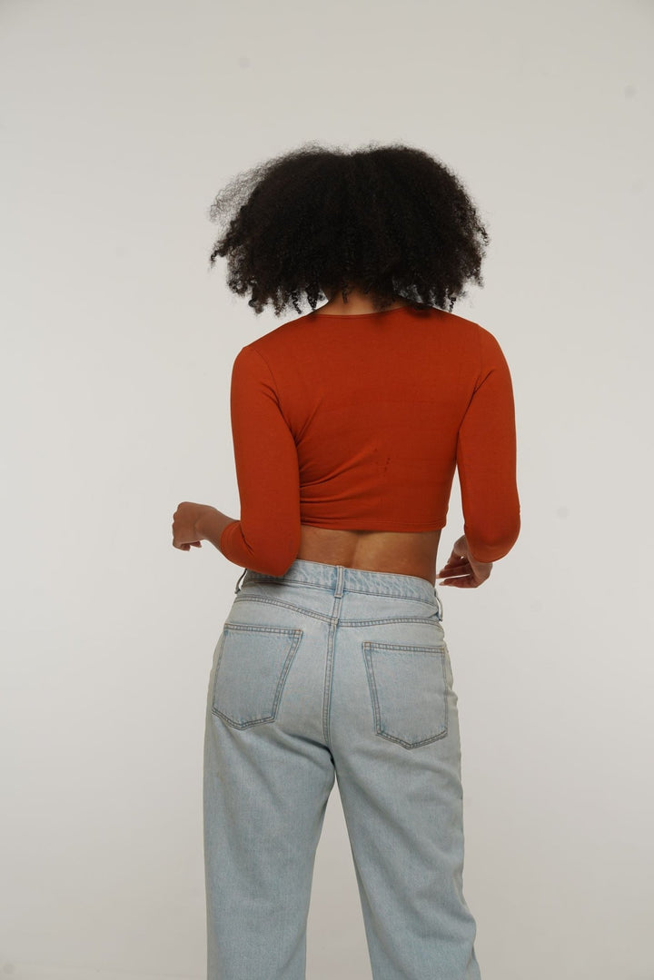 U Front Crop Top with sleeves in Burnt Orange - Manners London
