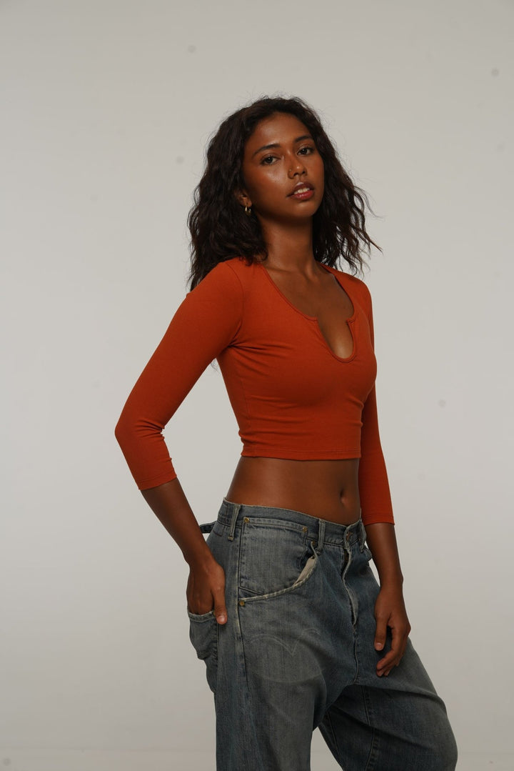 U Front Crop Top with sleeves in Burnt Orange - Manners London