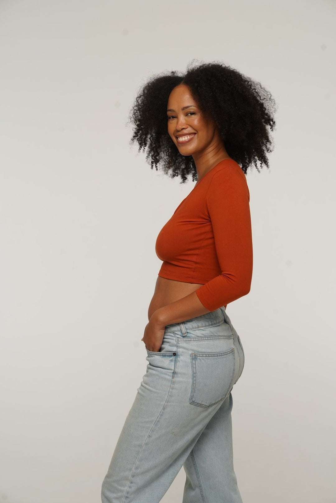 U Front Crop Top with sleeves in Burnt Orange - Manners London