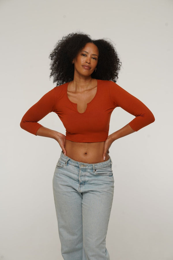 U Front Crop Top with sleeves in Burnt Orange - Manners London