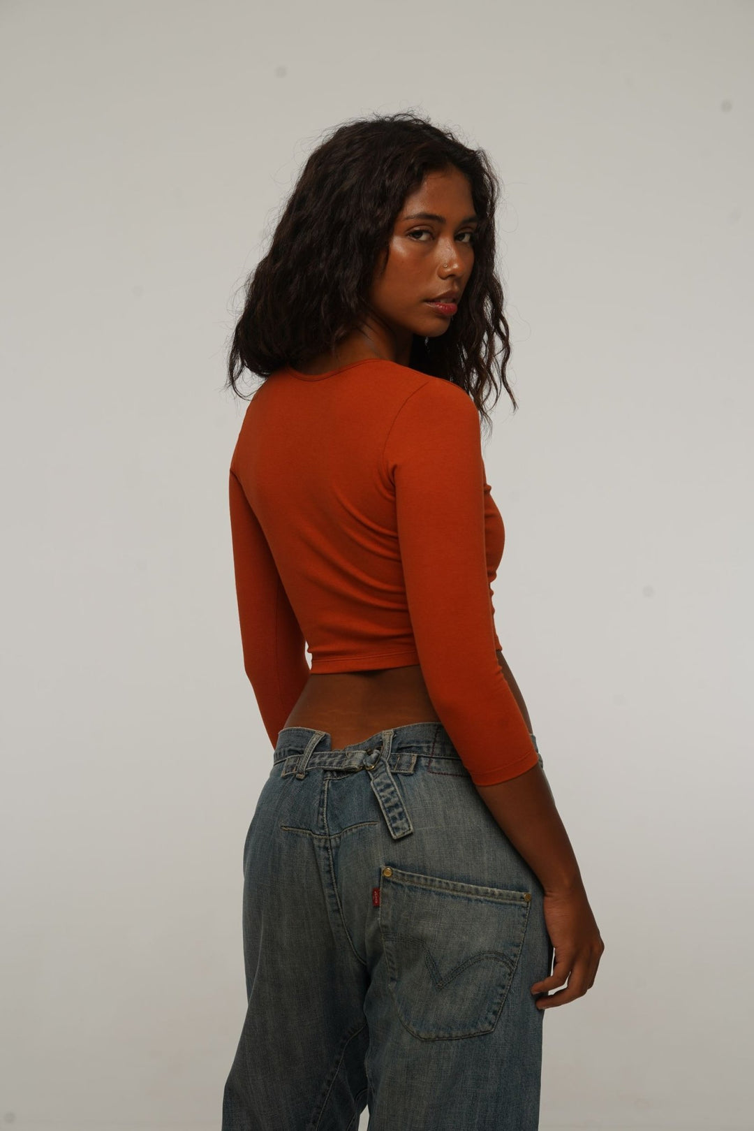 U Front Crop Top with sleeves in Burnt Orange - Manners London