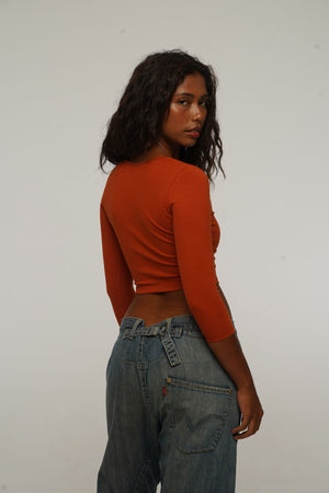 U Front Crop Top with sleeves in Burnt Orange - Manners London