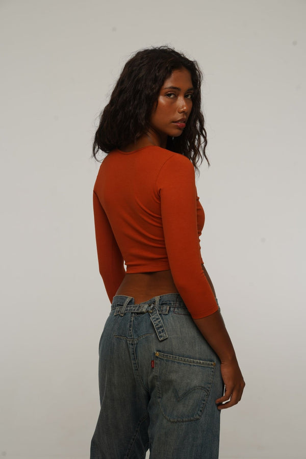 U Front Crop Top with sleeves in Burnt Orange - Manners London