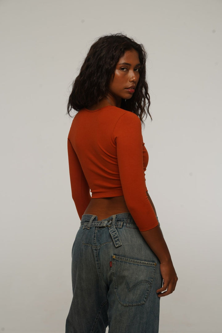U Front Crop Top with sleeves in Burnt Orange - Manners London