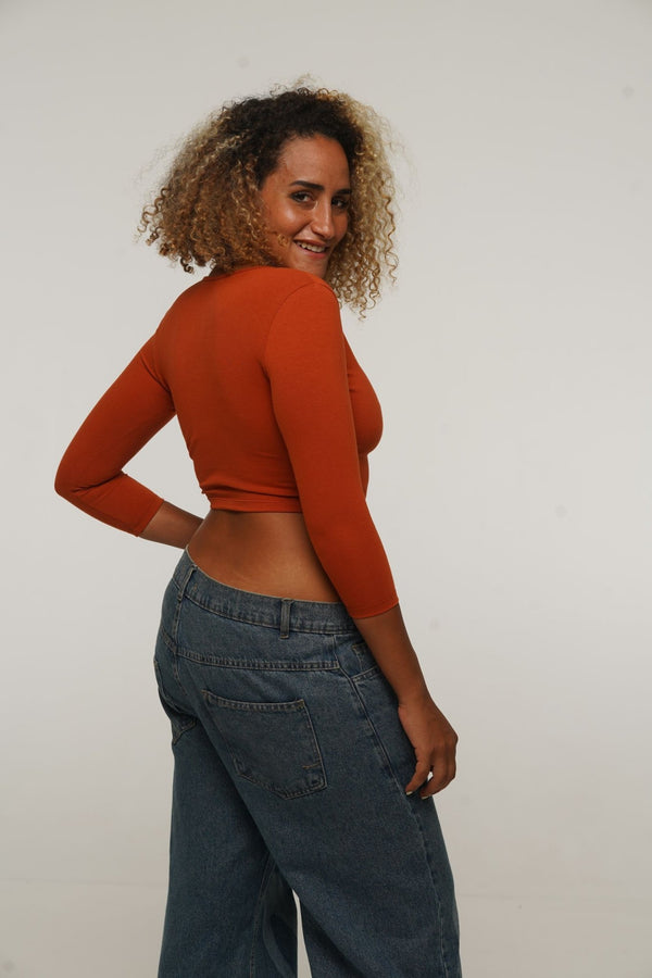 U Front Crop Top with sleeves in Burnt Orange - Manners London
