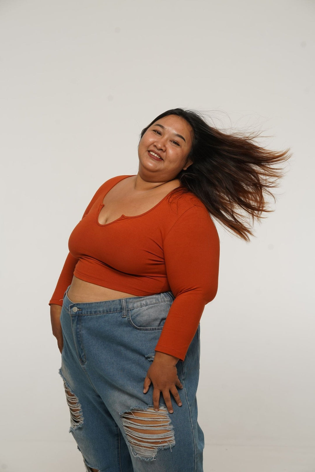 U Front Crop Top with sleeves in Burnt Orange - Manners London