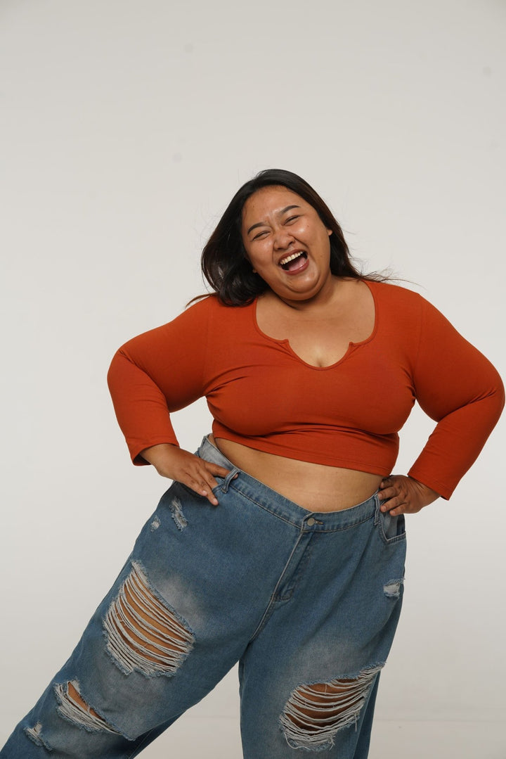 U Front Crop Top with sleeves in Burnt Orange - Manners London