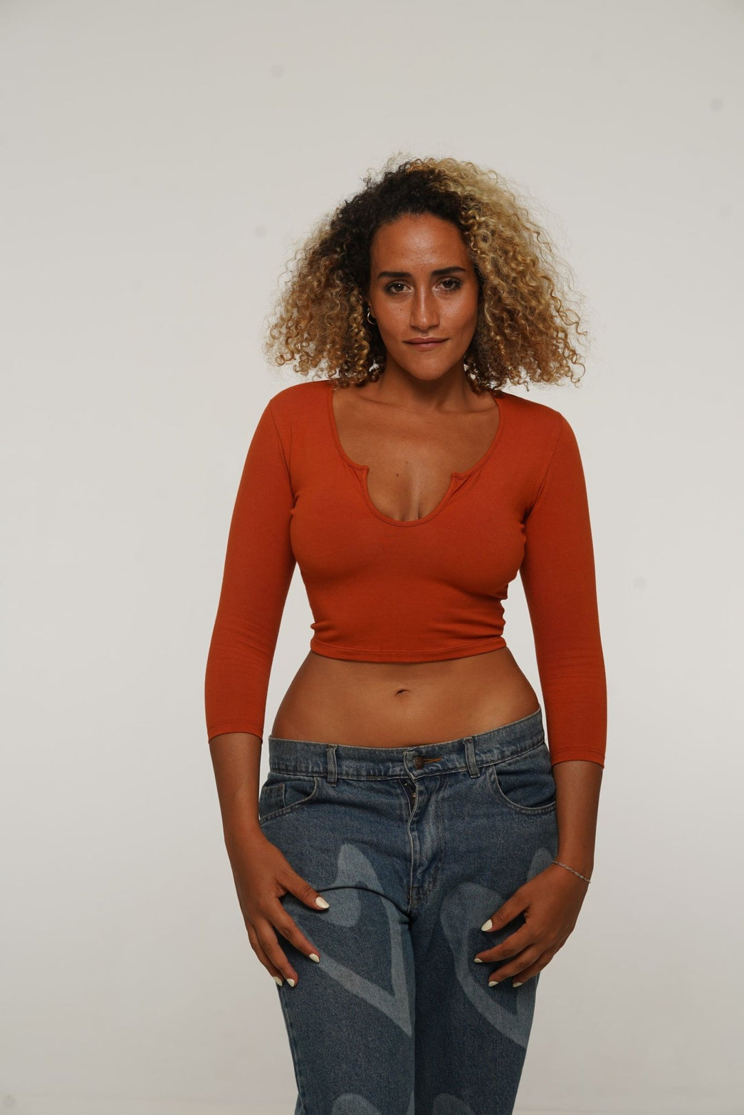 U Front Crop Top with sleeves in Burnt Orange - Manners London
