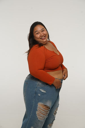 U Front Crop Top with sleeves in Burnt Orange - Manners London