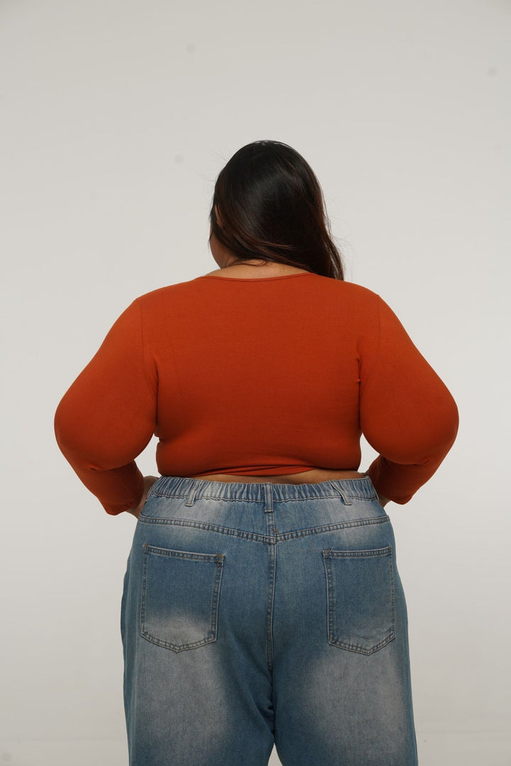 U Front Crop Top with sleeves in Burnt Orange - Manners London