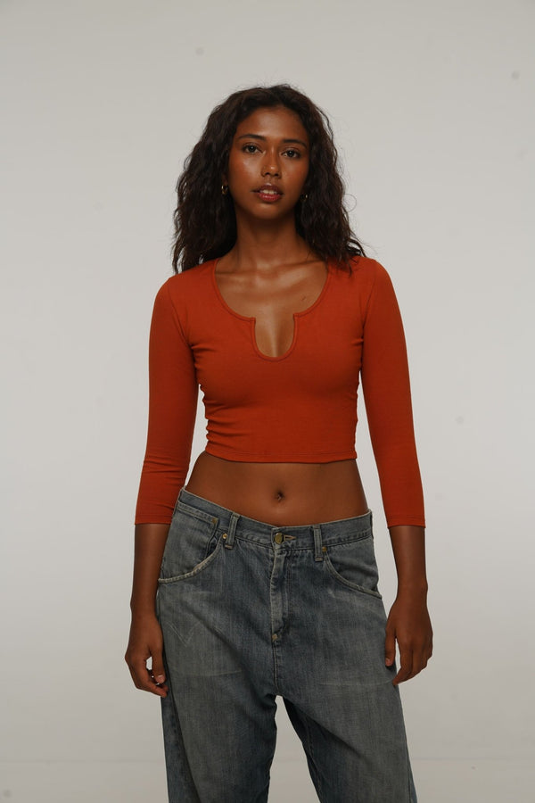 U Front Crop Top with sleeves in Burnt Orange - Manners London