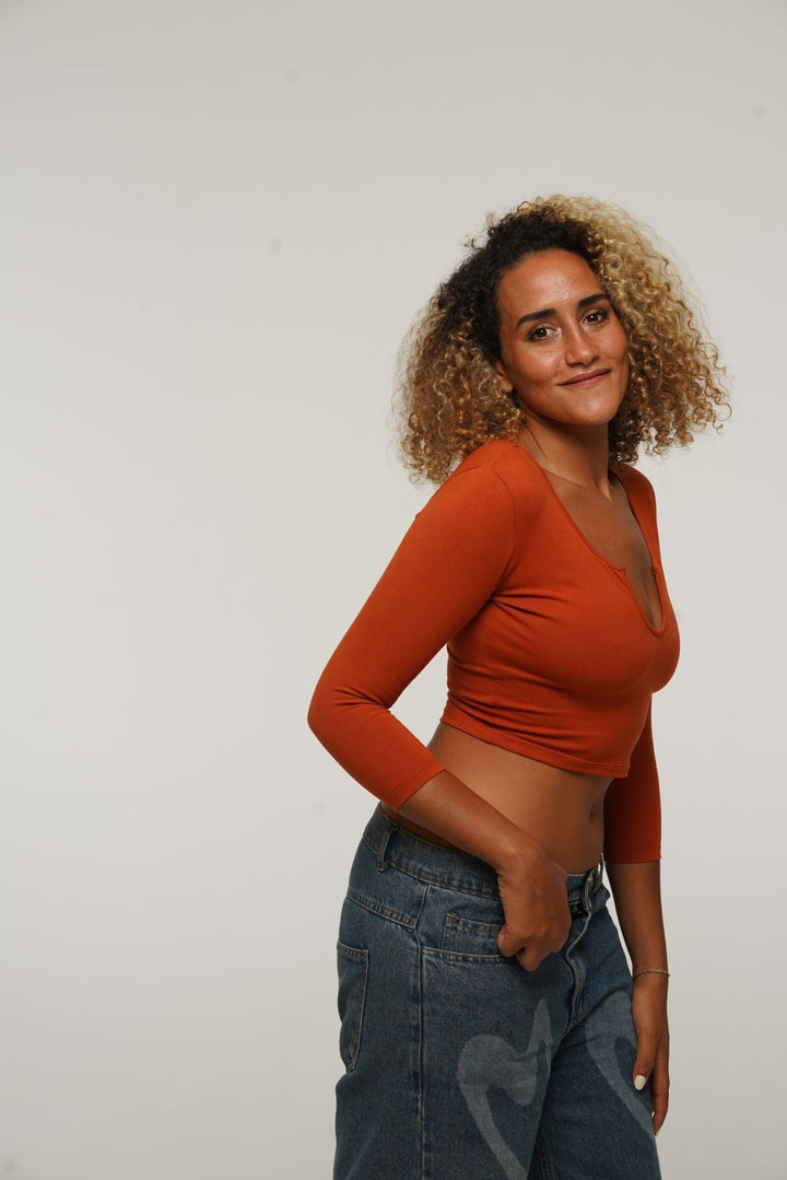 U Front Crop Top with sleeves in Burnt Orange - Manners London