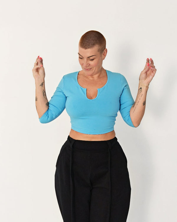 U Front Crop Top with sleeves in Crystal Seas - Manners London