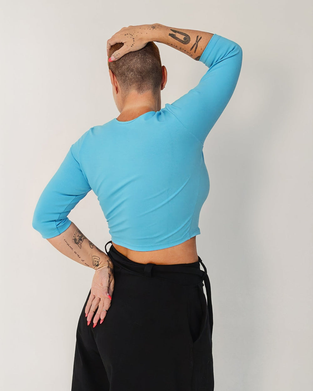 U Front Crop Top with sleeves in Crystal Seas - Manners London