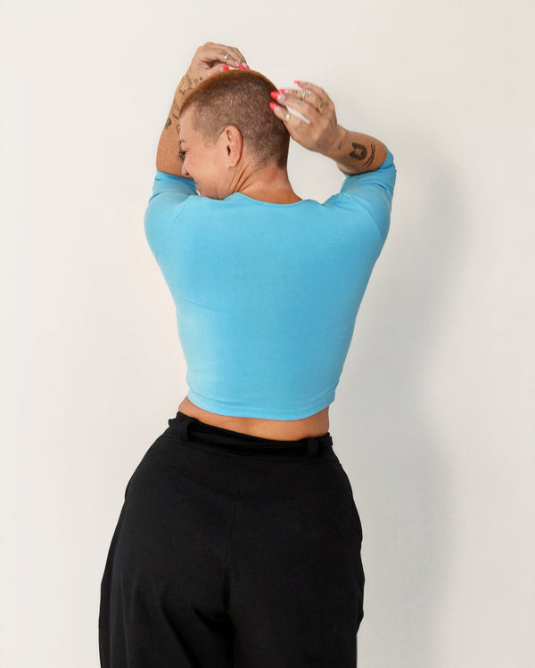 U Front Crop Top with sleeves in Crystal Seas - Manners London