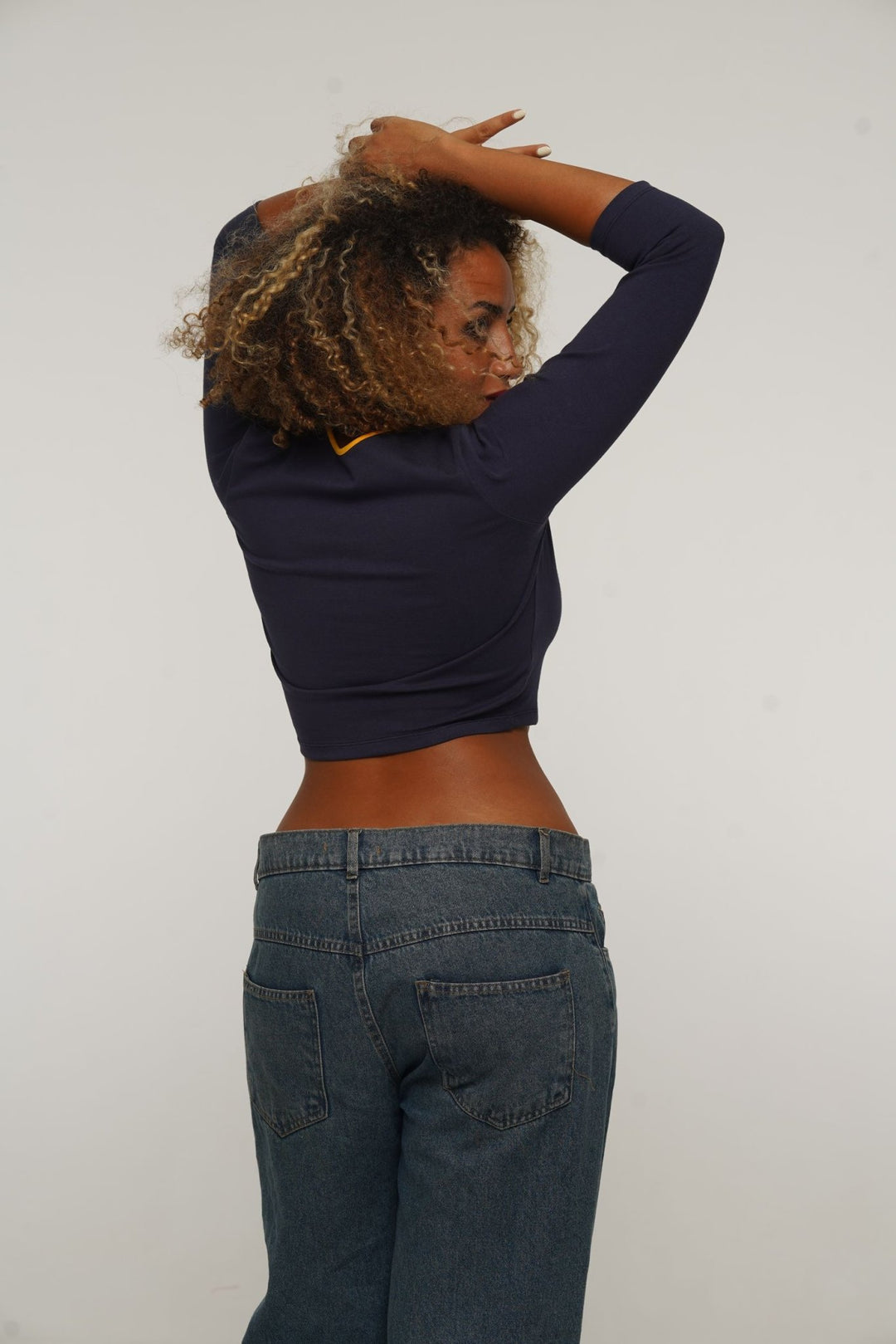 U Front Crop Top with sleeves in Navy & Mango - Manners London