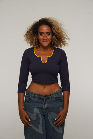 U Front Crop Top with sleeves in Navy & Mango - Manners London